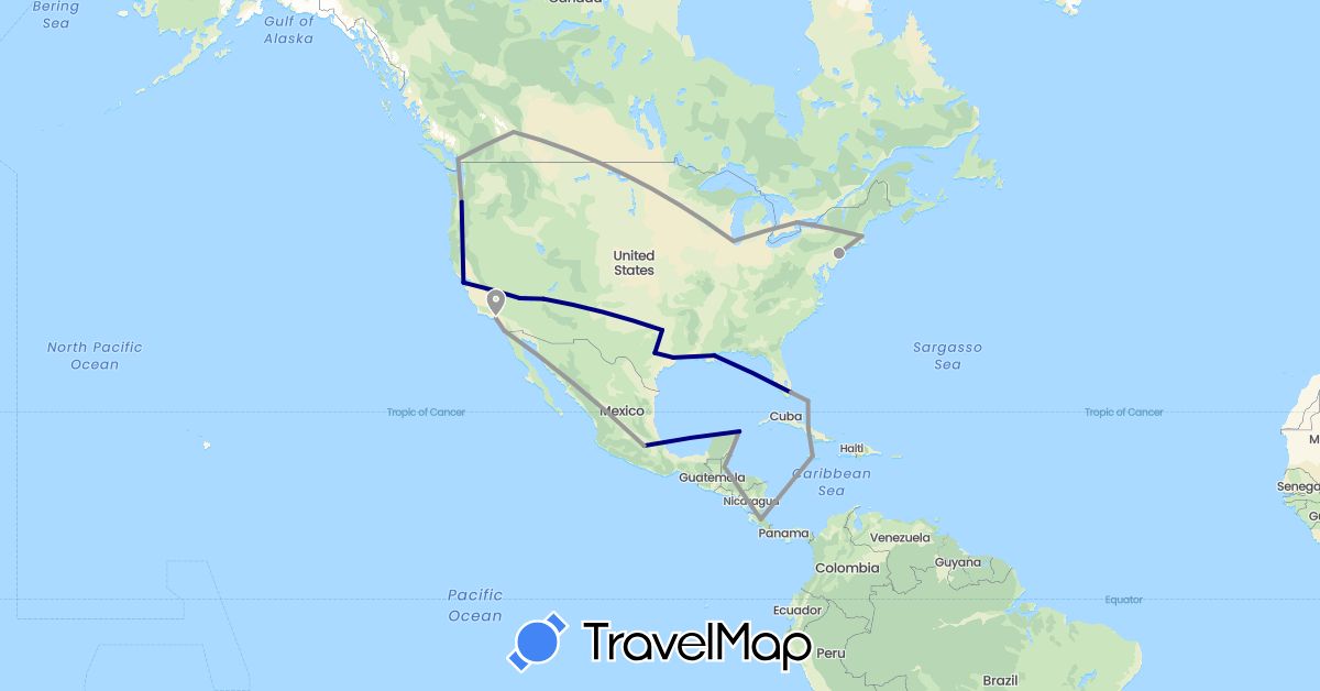 TravelMap itinerary: driving, plane in Bahamas, Belize, Canada, Costa Rica, Cuba, Jamaica, Mexico, United States (North America)