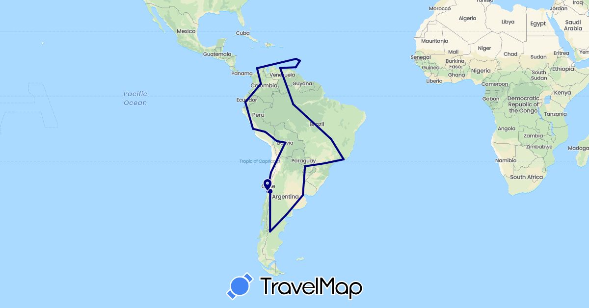 TravelMap itinerary: driving in Argentina, Barbados, Bolivia, Brazil, Chile, Colombia, Ecuador, Saint Lucia, Peru, Paraguay, Venezuela (North America, South America)