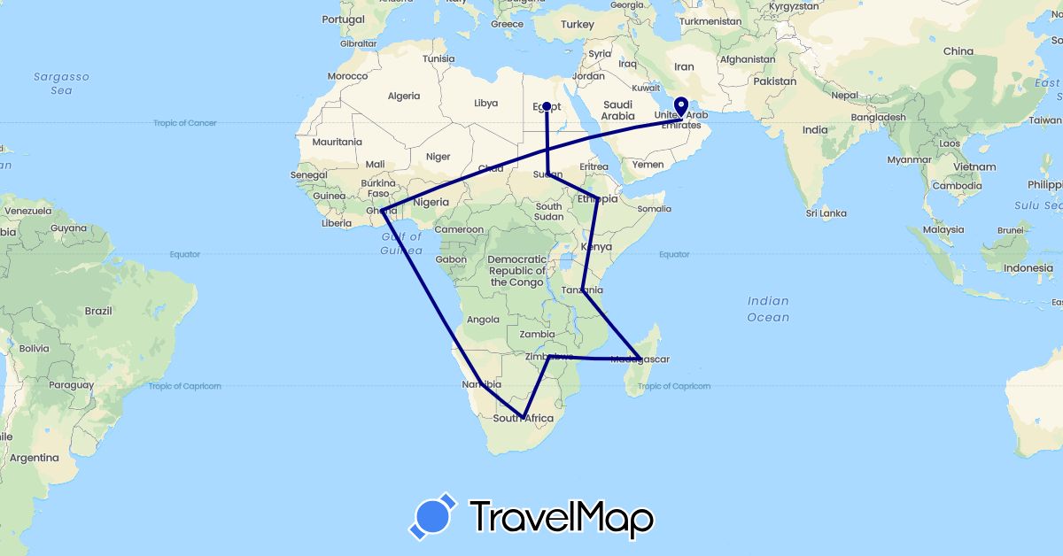 TravelMap itinerary: driving in Egypt, Ethiopia, Ghana, Sudan, Zimbabwe (Africa)